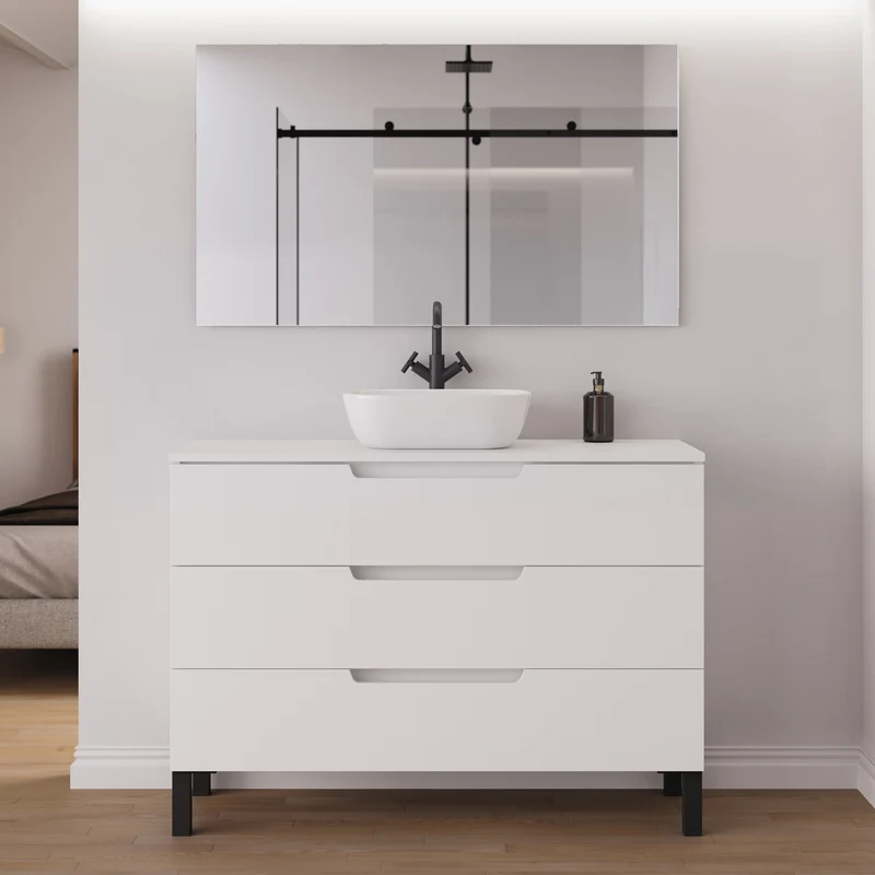 Meuble de salle de bain 120cm avec plateau et vasque à poser arrondie - 3 tiroirs - RIZA