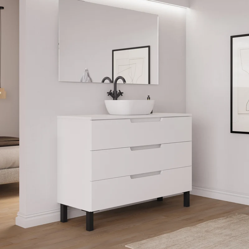 Meuble de salle de bain 120cm avec plateau et vasque à poser arrondie - 3 tiroirs - RIZA