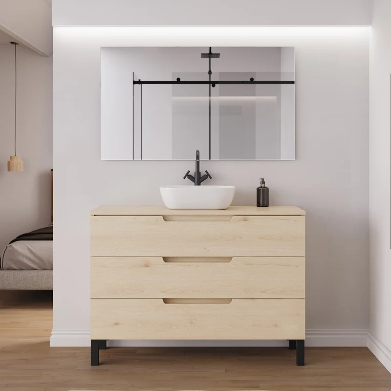 Meuble de salle de bain 120cm avec plateau et vasque à poser arrondie - 3 tiroirs - RIZA