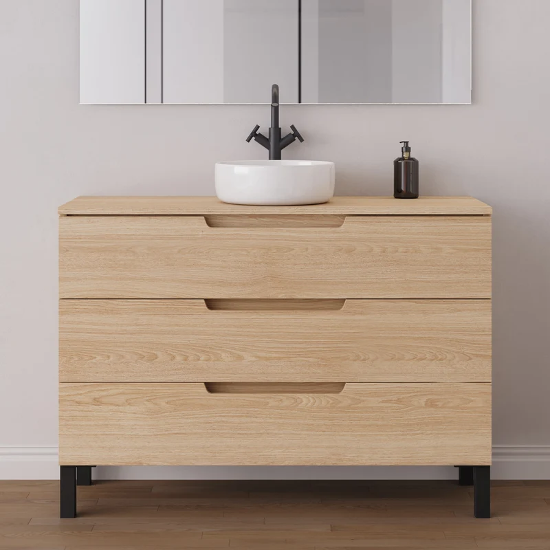 Meuble de salle de bain 120cm avec plateau et vasque à poser ronde - 3 tiroirs - RIZA