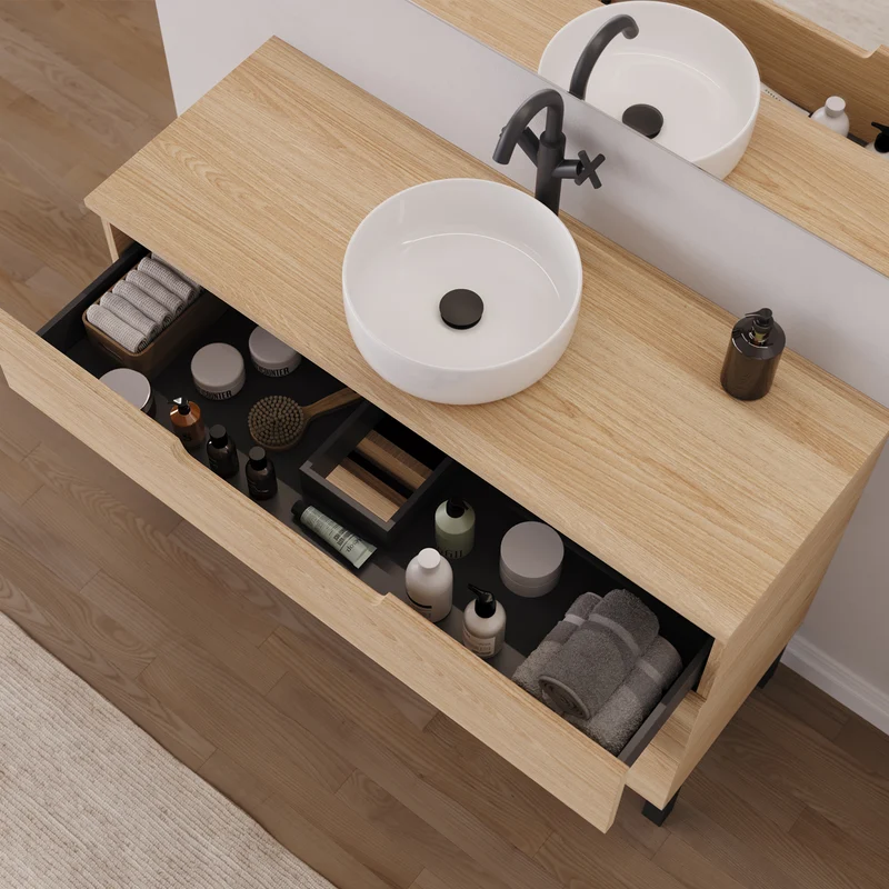 Meuble de salle de bain 120cm avec plateau et vasque à poser ronde - 3 tiroirs - RIZA