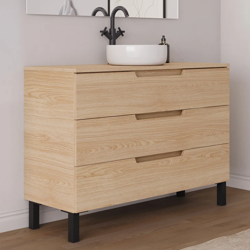 Meuble de salle de bain 120cm avec plateau et vasque à poser ronde - 3 tiroirs - RIZA