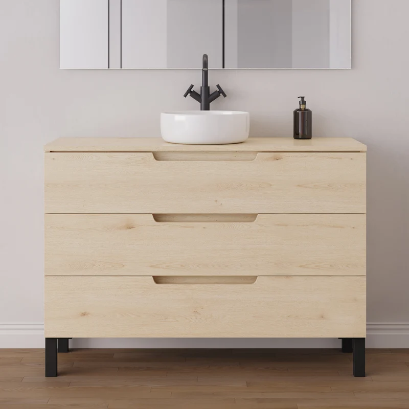 Meuble de salle de bain 120cm avec plateau et vasque à poser ronde - 3 tiroirs - RIZA