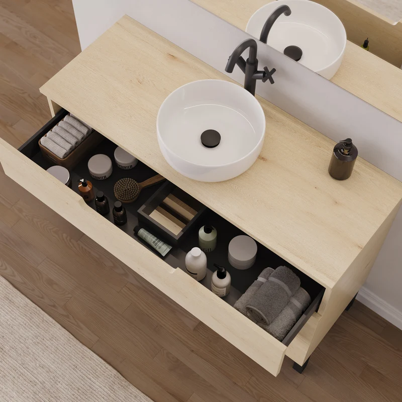 Meuble de salle de bain 120cm avec plateau et vasque à poser ronde - 3 tiroirs - RIZA