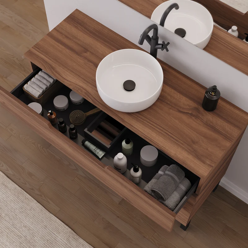 Meuble de salle de bain 120cm avec plateau et vasque à poser ronde - 3 tiroirs - RIZA