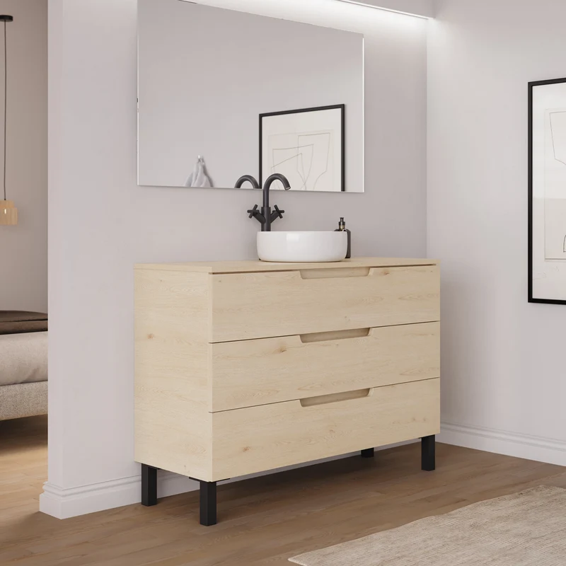 Meuble de salle de bain 120cm avec plateau et vasque à poser ronde - 3 tiroirs - RIZA