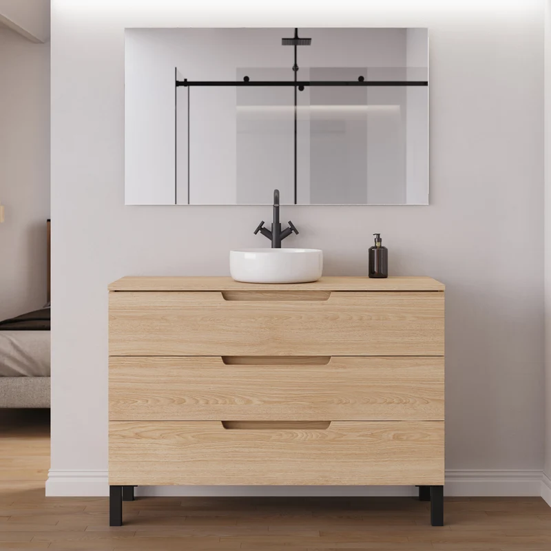 Meuble de salle de bain 120cm avec plateau et vasque à poser ronde - 3 tiroirs - RIZA