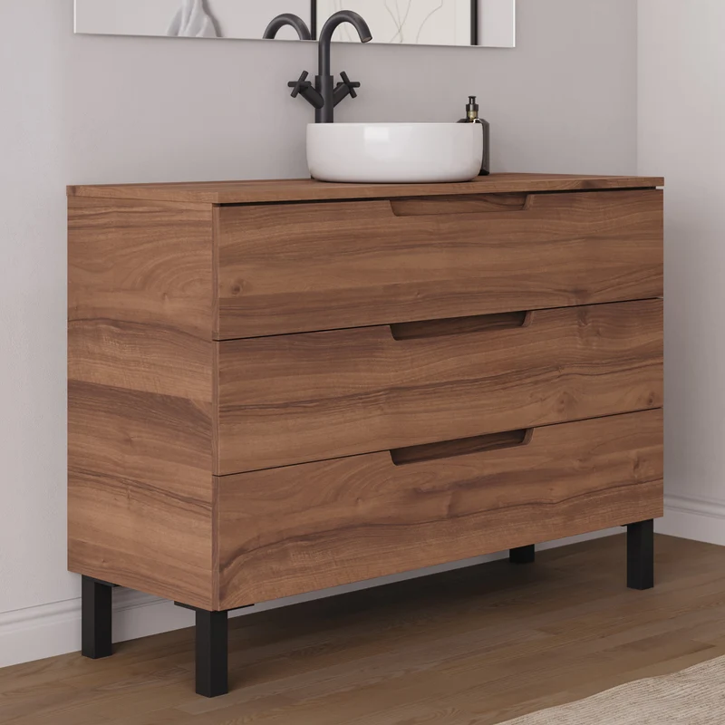 Meuble de salle de bain 120cm avec plateau et vasque à poser ronde - 3 tiroirs - RIZA