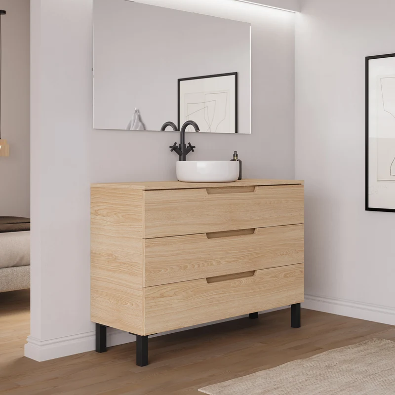 Meuble de salle de bain 120cm avec plateau et vasque à poser ronde - 3 tiroirs - RIZA