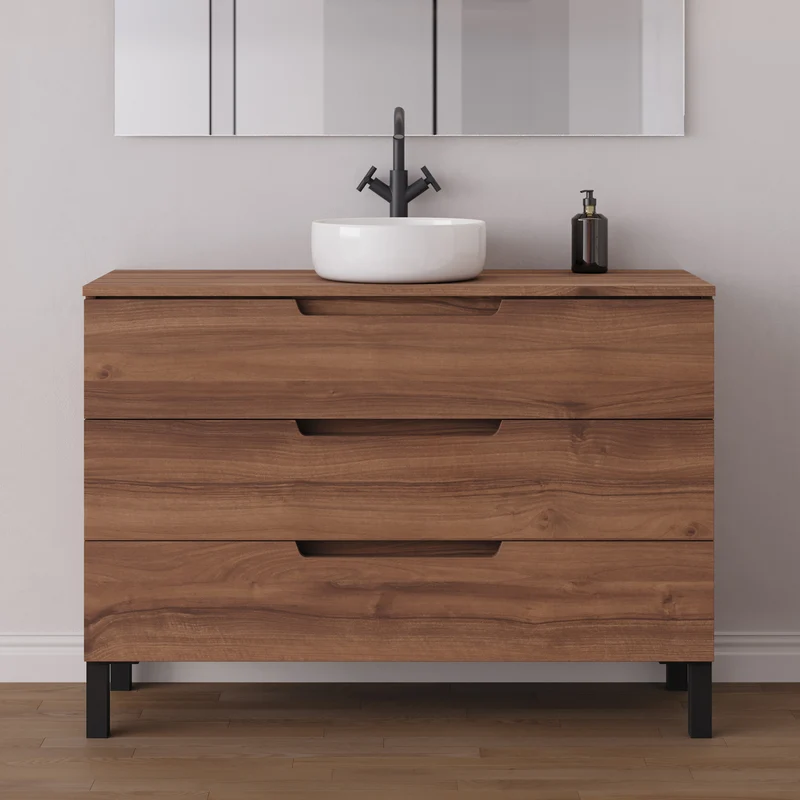 Meuble de salle de bain 120cm avec plateau et vasque à poser ronde - 3 tiroirs - RIZA