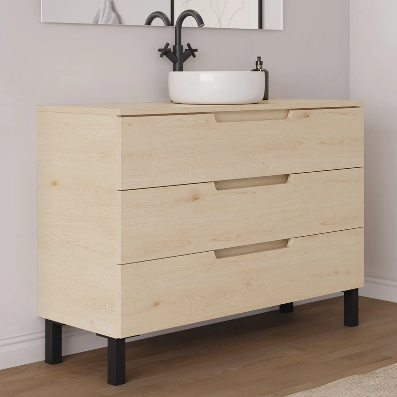 Meuble de salle de bain 120cm avec plateau et vasque à poser ronde - 3 tiroirs - RIZA