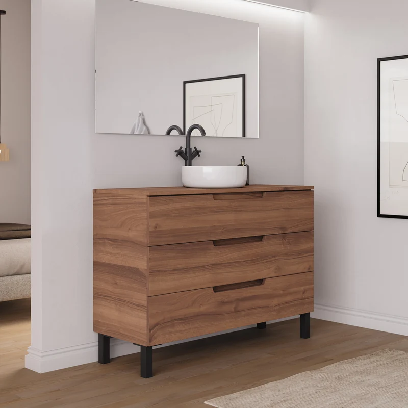 Meuble de salle de bain 120cm avec plateau et vasque à poser ronde - 3 tiroirs - RIZA