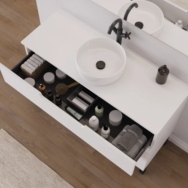 Meuble de salle de bain 120cm avec plateau et vasque à poser ronde - 3 tiroirs - RIZA