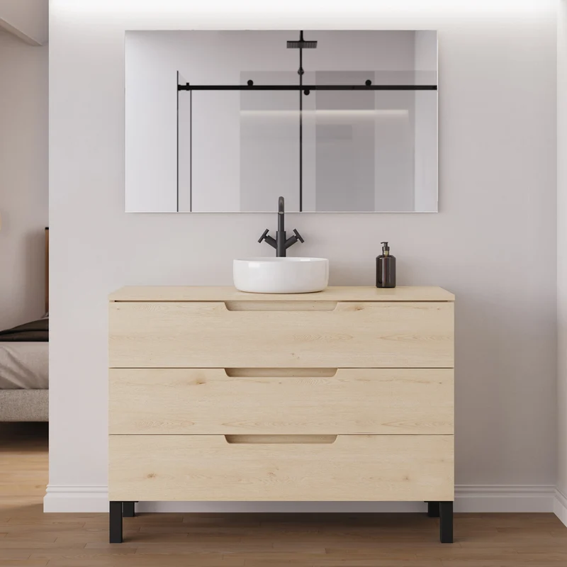 Meuble de salle de bain 120cm avec plateau et vasque à poser ronde - 3 tiroirs - RIZA