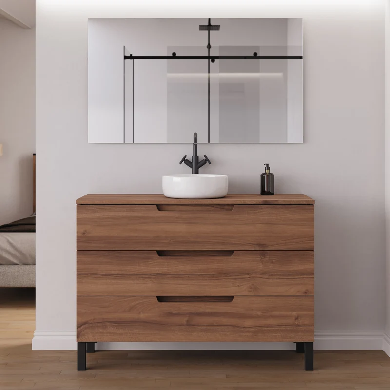 Meuble de salle de bain 120cm avec plateau et vasque à poser ronde - 3 tiroirs - RIZA