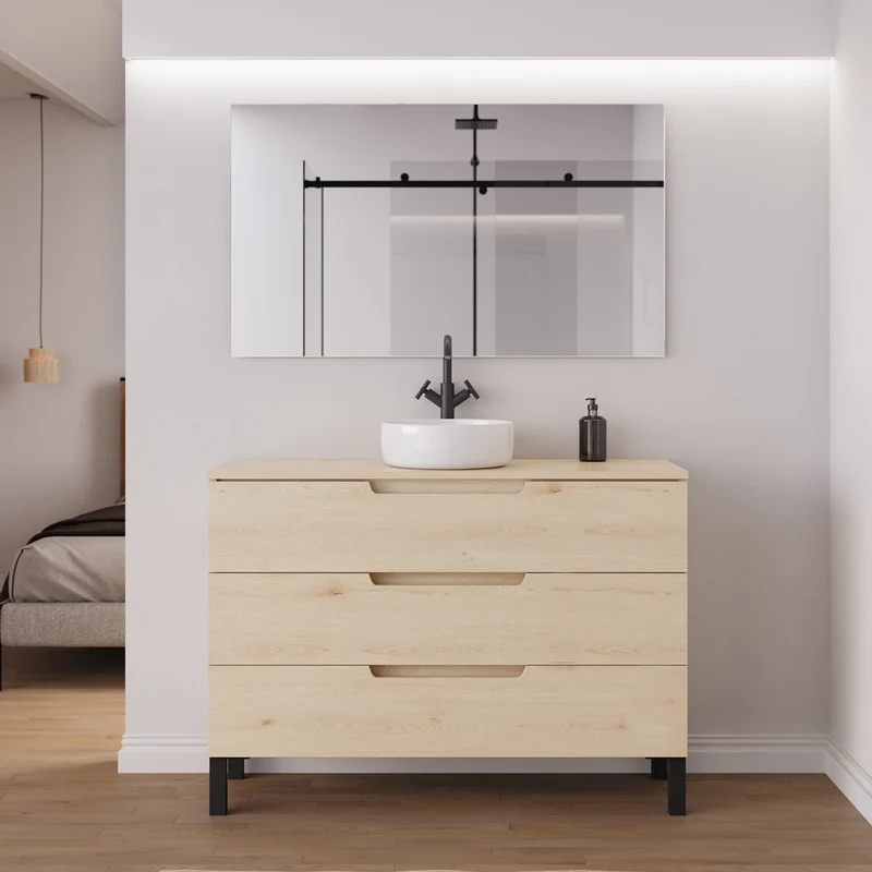 Meuble de salle de bain 120cm avec plateau et vasque à poser ronde - 3 tiroirs - RIZA