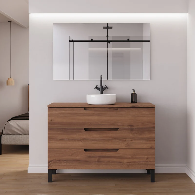 Meuble de salle de bain 120cm avec plateau et vasque à poser ronde - 3 tiroirs - RIZA