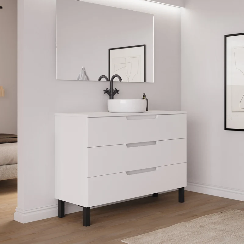 Meuble de salle de bain 120cm avec plateau et vasque à poser ronde - 3 tiroirs - RIZA