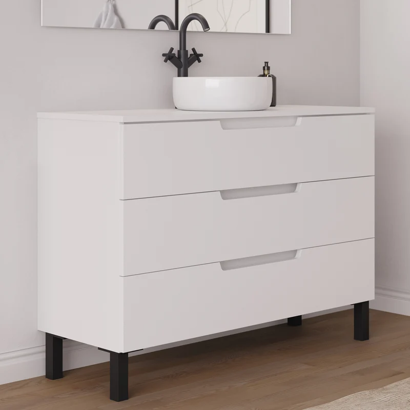 Meuble de salle de bain 120cm avec plateau et vasque à poser ronde - 3 tiroirs - RIZA