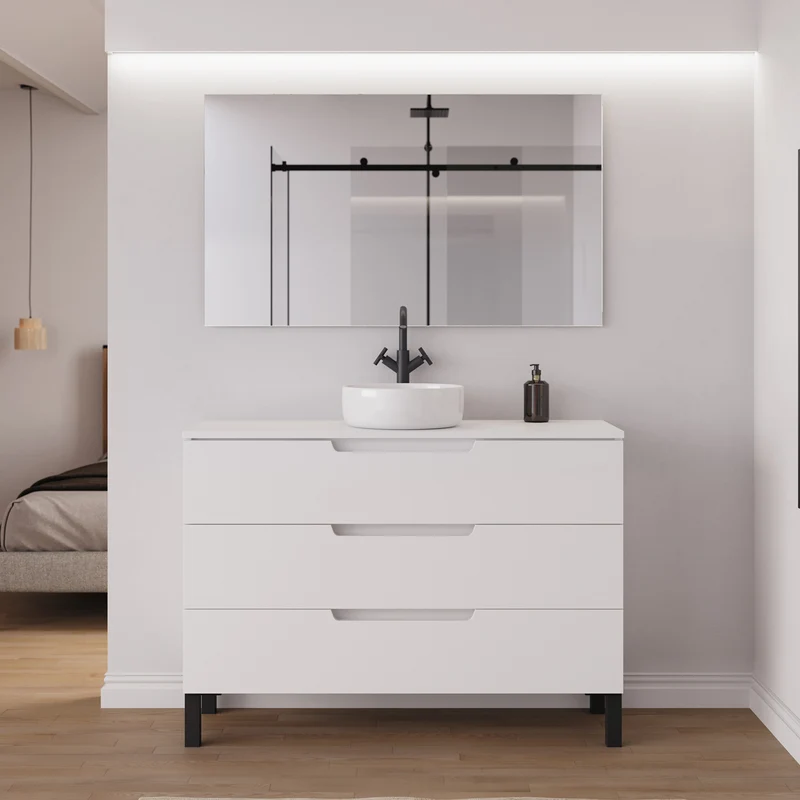 Meuble de salle de bain 120cm avec plateau et vasque à poser ronde - 3 tiroirs - RIZA