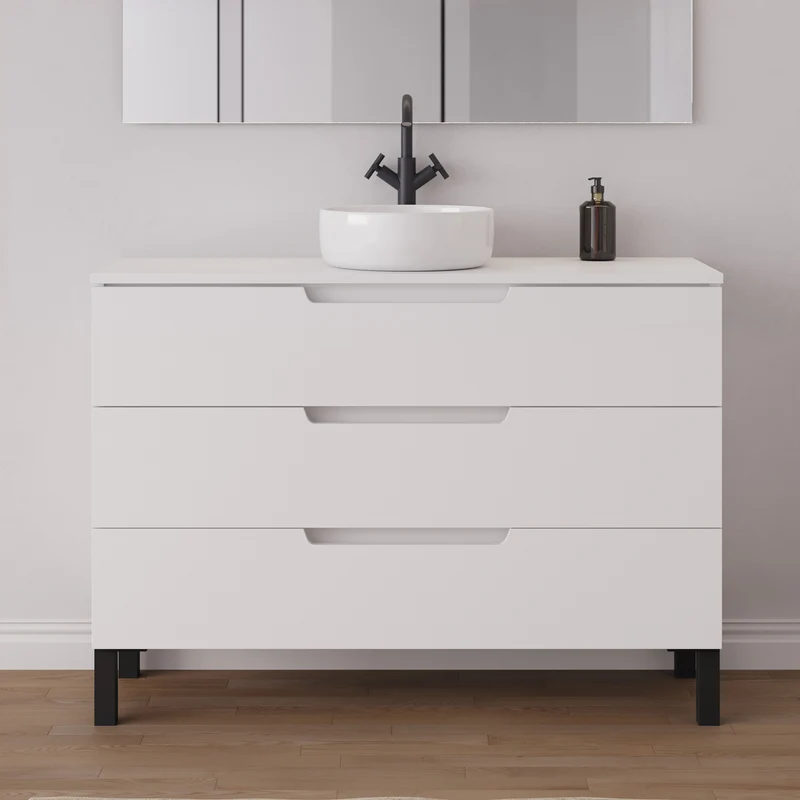 Meuble de salle de bain 120cm avec plateau et vasque à poser ronde - 3 tiroirs - RIZA