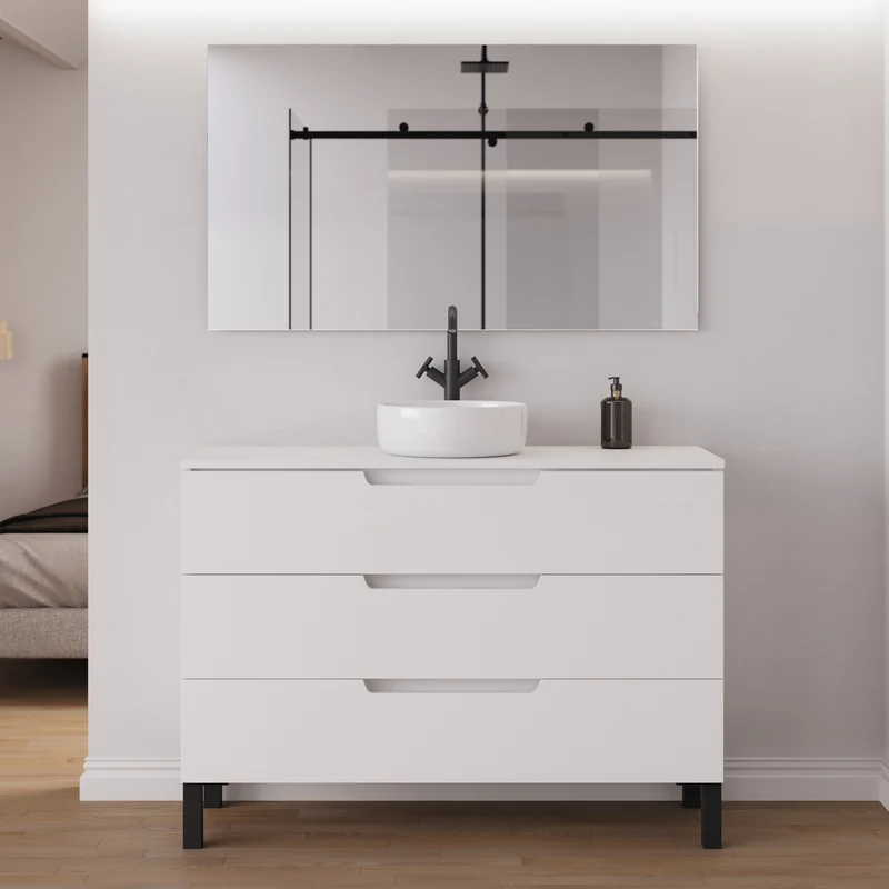 Meuble de salle de bain 120cm avec plateau et vasque à poser ronde - 3 tiroirs - RIZA