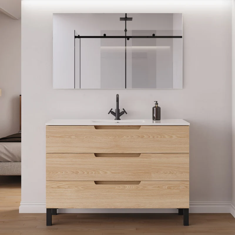 Meuble de salle de bain 120cm simple vasque - 3 tiroirs - RIZA