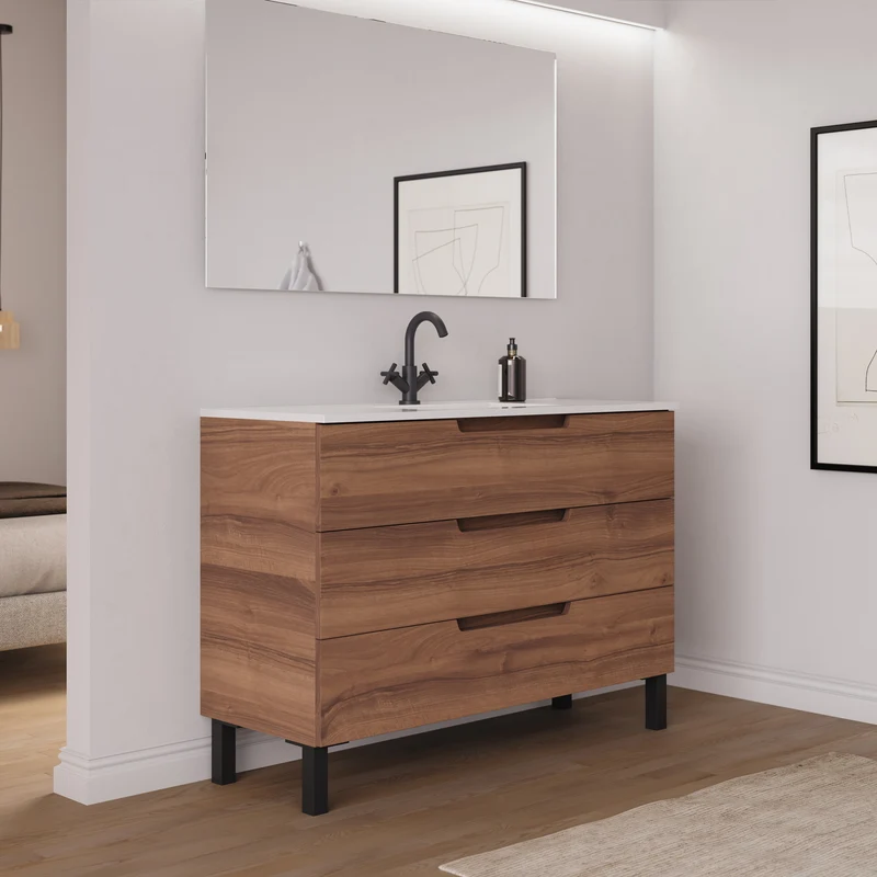 Meuble de salle de bain 120cm simple vasque - 3 tiroirs - RIZA