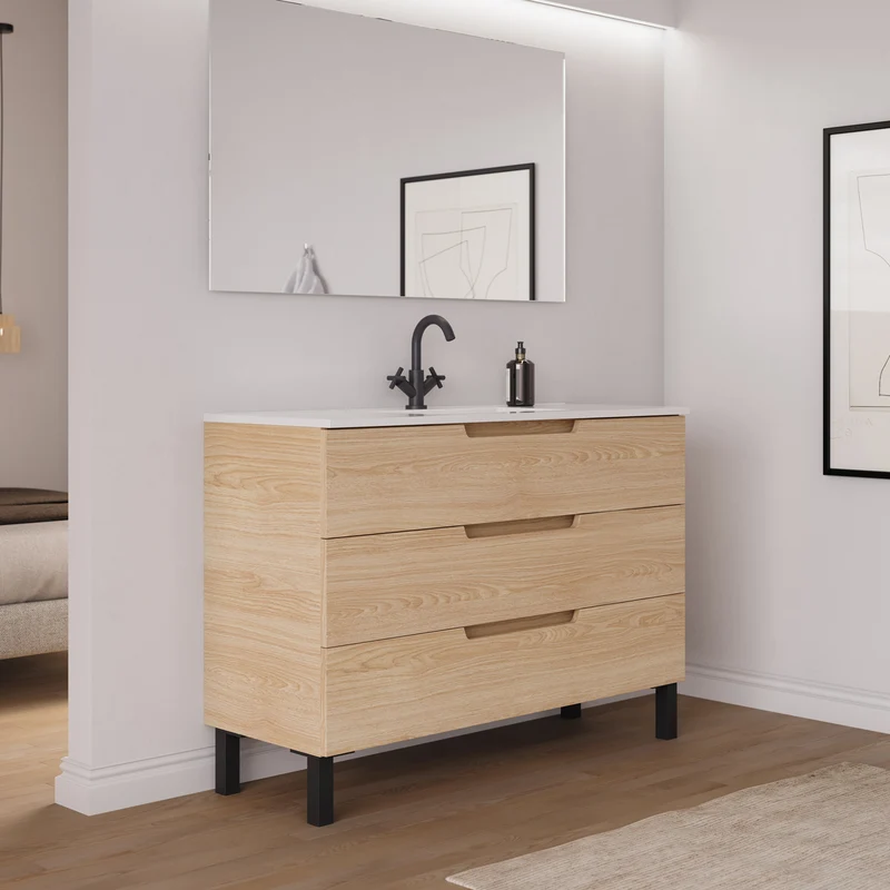 Meuble de salle de bain 120cm simple vasque - 3 tiroirs - RIZA