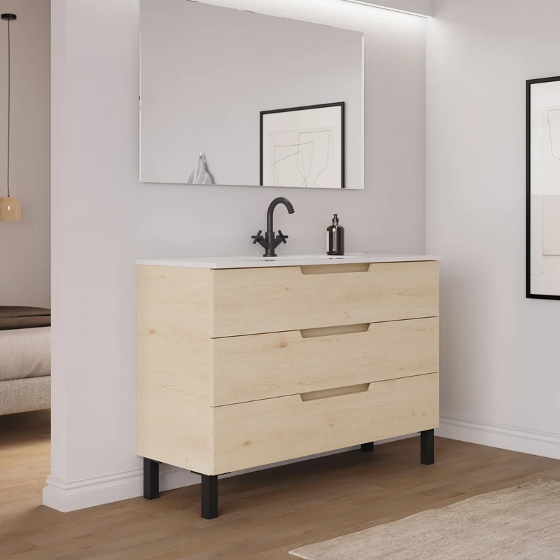 Meuble de salle de bain 120cm simple vasque - 3 tiroirs - RIZA