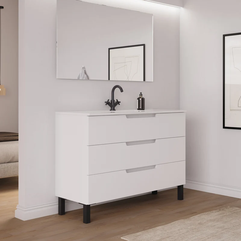 Meuble de salle de bain 120cm simple vasque - 3 tiroirs - RIZA