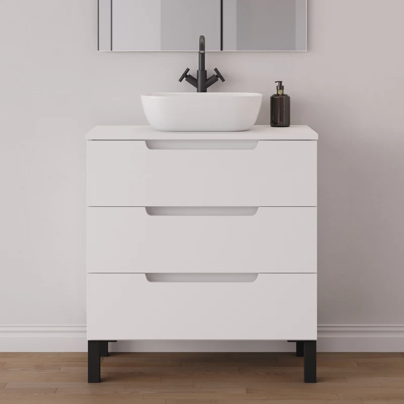 Meuble de salle de bain 70cm avec plateau et vasque à poser arrondie - 3 tiroirs - RIZA
