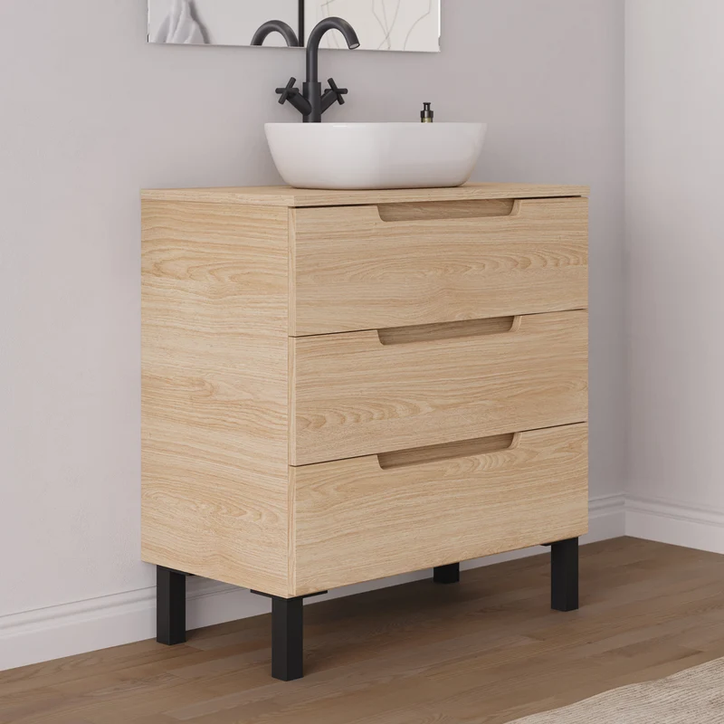 Meuble de salle de bain 70cm avec plateau et vasque à poser arrondie - 3 tiroirs - RIZA