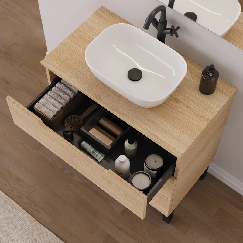 Meuble de salle de bain 70cm avec plateau et vasque à poser arrondie - 3 tiroirs - RIZA