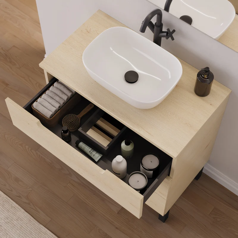 Meuble de salle de bain 70cm avec plateau et vasque à poser arrondie - 3 tiroirs - RIZA