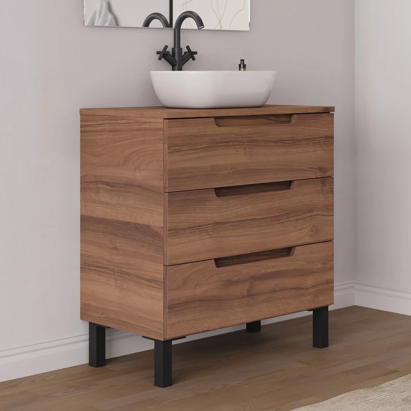 Meuble de salle de bain 70cm avec plateau et vasque à poser arrondie - 3 tiroirs - RIZA