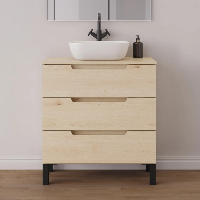 Meuble de salle de bain 70cm avec plateau et vasque à poser arrondie - 3 tiroirs - RIZA