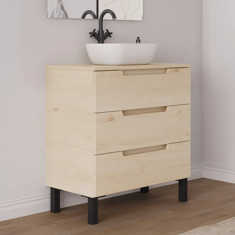 Meuble de salle de bain 70cm avec plateau et vasque à poser arrondie - 3 tiroirs - RIZA