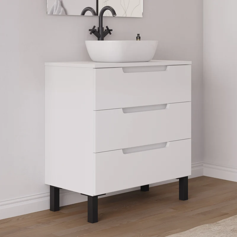 Meuble de salle de bain 70cm avec plateau et vasque à poser arrondie - 3 tiroirs - RIZA