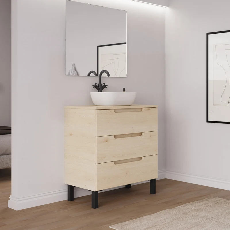 Meuble de salle de bain 70cm avec plateau et vasque à poser arrondie - 3 tiroirs - RIZA