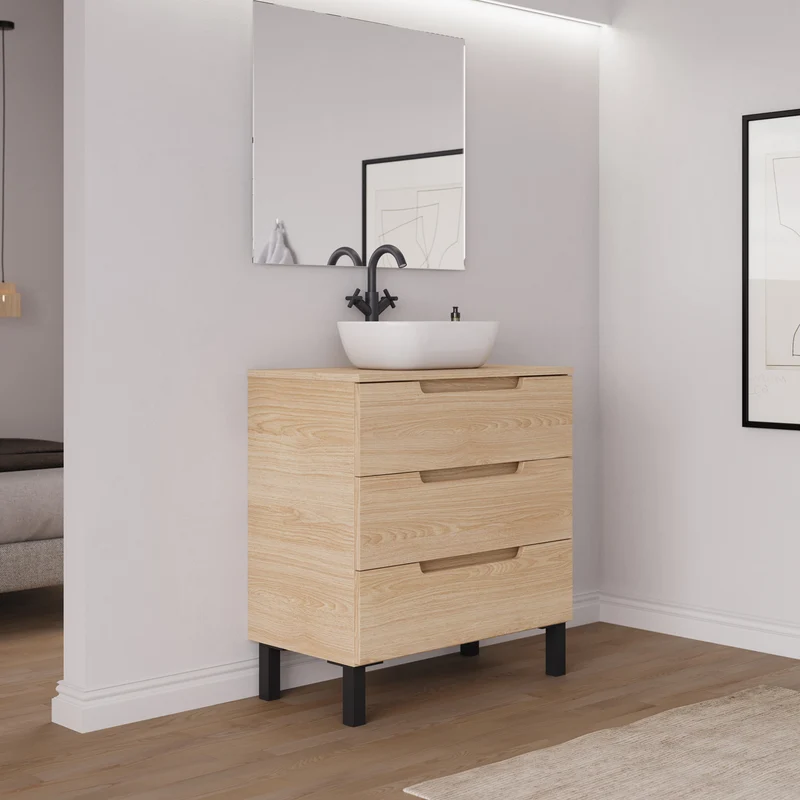 Meuble de salle de bain 70cm avec plateau et vasque à poser arrondie - 3 tiroirs - RIZA