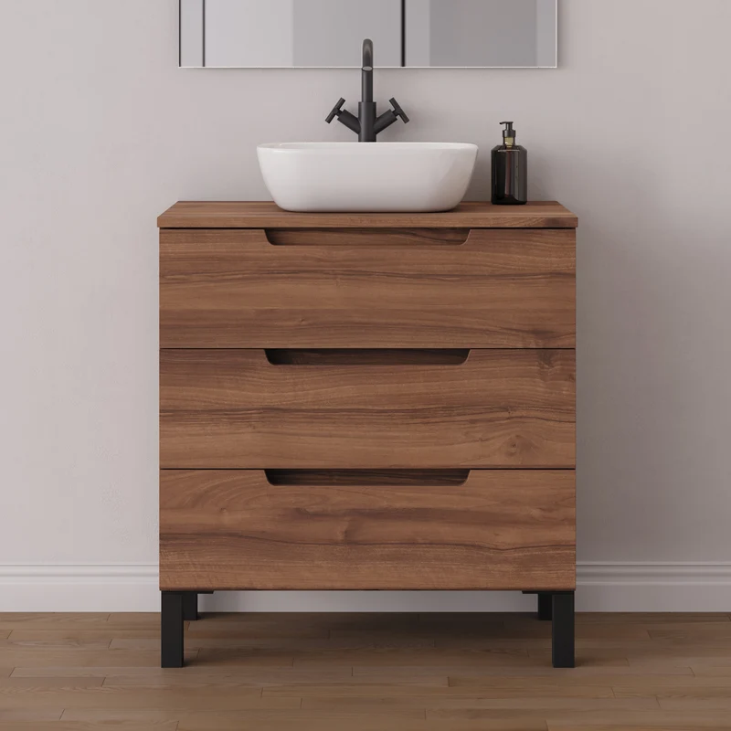 Meuble de salle de bain 70cm avec plateau et vasque à poser arrondie - 3 tiroirs - RIZA