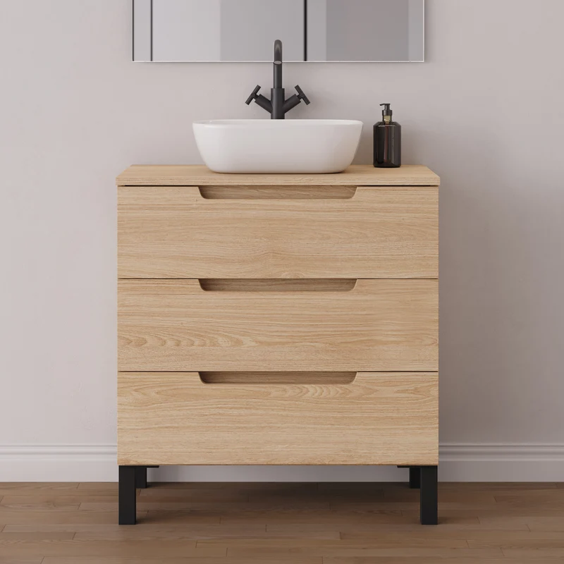 Meuble de salle de bain 70cm avec plateau et vasque à poser arrondie - 3 tiroirs - RIZA