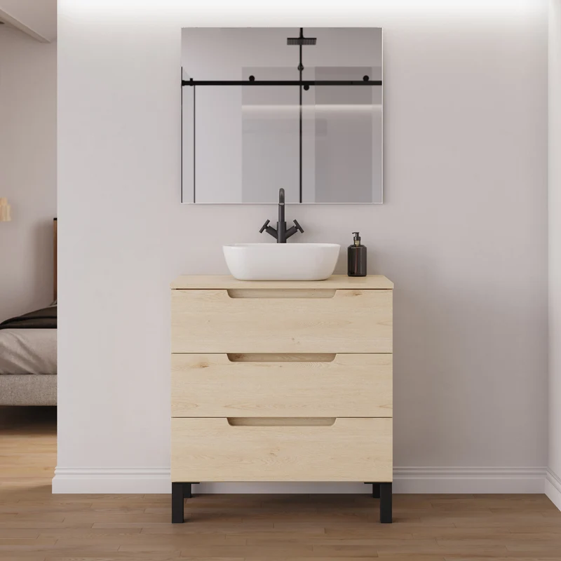 Meuble de salle de bain 70cm avec plateau et vasque à poser arrondie - 3 tiroirs - RIZA