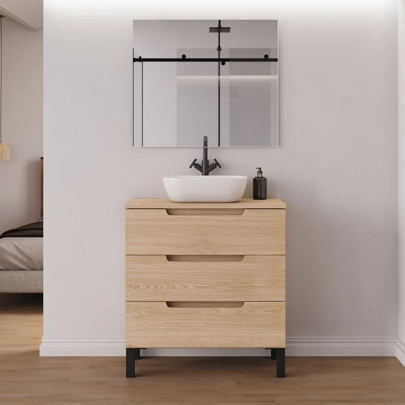 Meuble de salle de bain 70cm avec plateau et vasque à poser arrondie - 3 tiroirs - RIZA