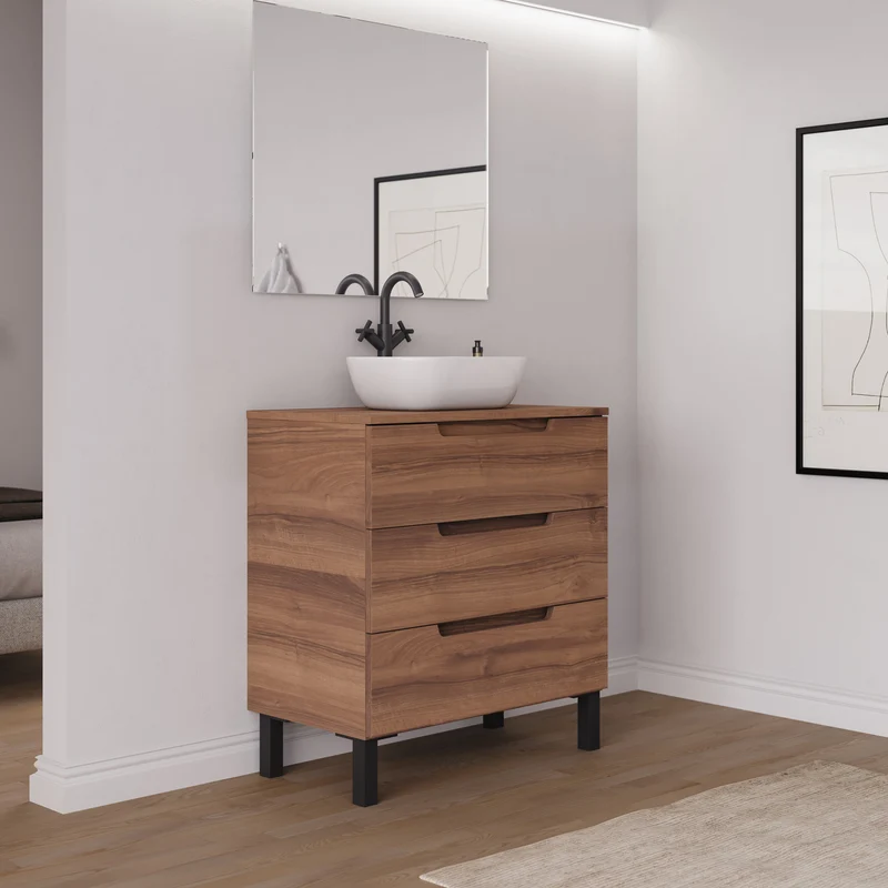 Meuble de salle de bain 70cm avec plateau et vasque à poser arrondie - 3 tiroirs - RIZA