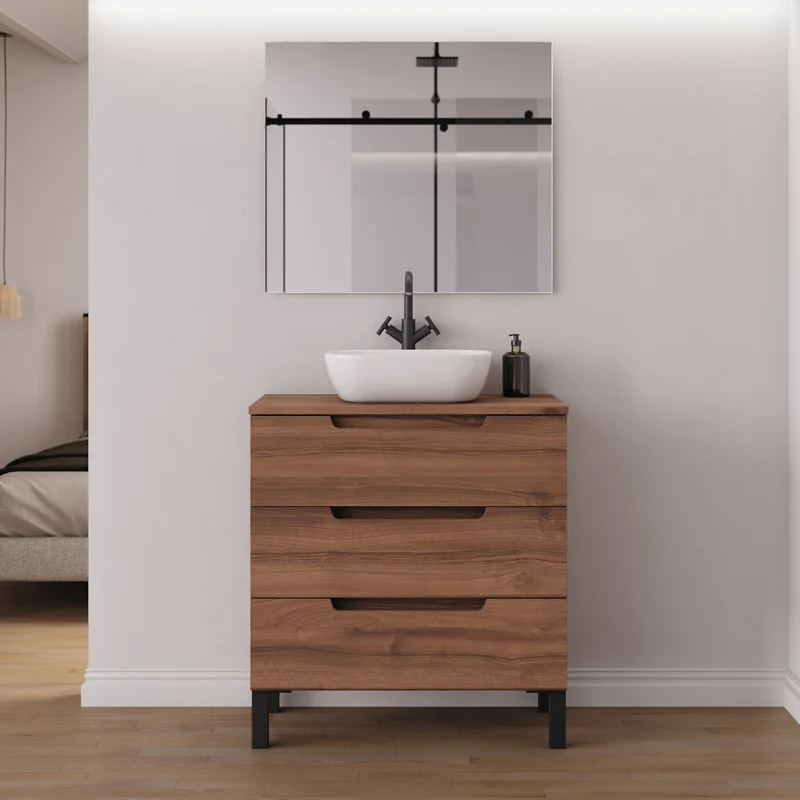 Meuble de salle de bain 70cm avec plateau et vasque à poser arrondie - 3 tiroirs - RIZA