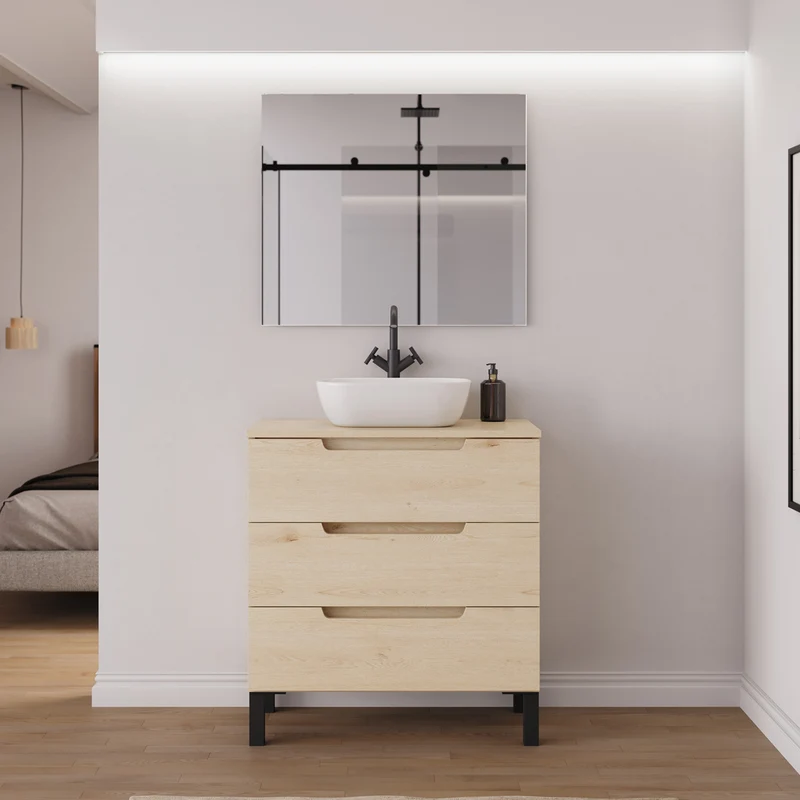 Meuble de salle de bain 70cm avec plateau et vasque à poser arrondie - 3 tiroirs - RIZA