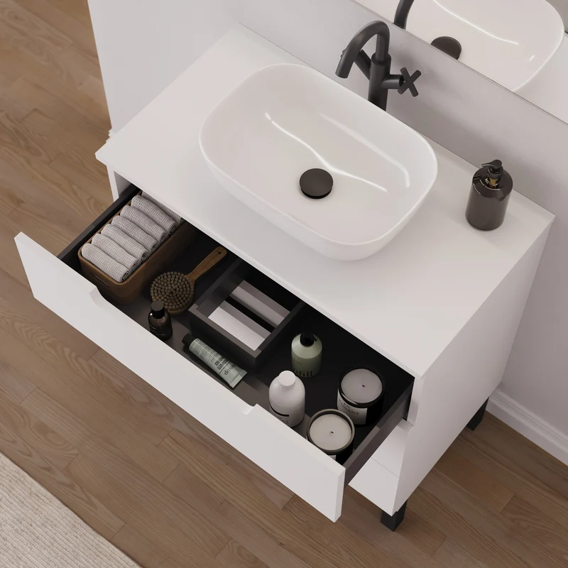 Meuble de salle de bain 70cm avec plateau et vasque à poser arrondie - 3 tiroirs - RIZA