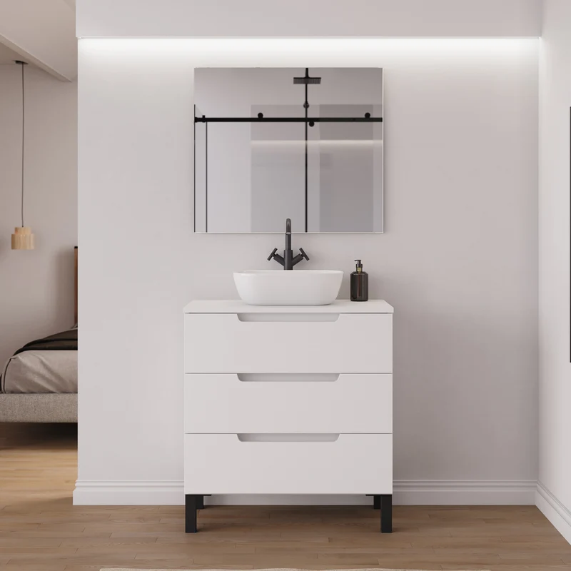 Meuble de salle de bain 70cm avec plateau et vasque à poser arrondie - 3 tiroirs - RIZA